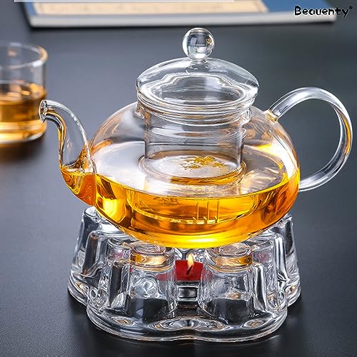 Beauenty 600ML Borosilicate Glass Teapot with Removable Loose Tea Infuser,Tea Pot with Dustproof Lid for Tea and Coffee Maker (600ML)
