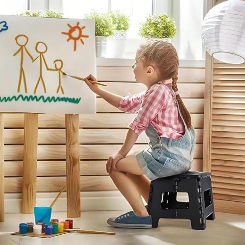 AMERTEER Folding Step Stool For Kids | Stepping Stool | 11 Inches Wide And 8 Inches Tall Foldable Step Stool Holds Up To 300 Lbs | Plastic Collapsible Step Stool For Bathroom, Garden & Kitchen (Black)