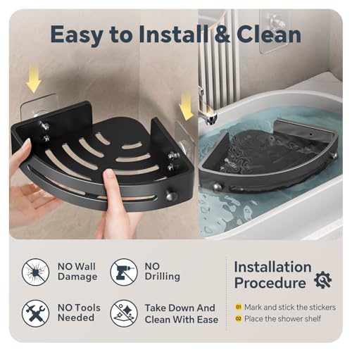 Baytion Bathroom Shelf, 2 Pack Bathroom Organizers and Storage, Thickened ABS Plastic Bathroom Organizer Corner with Super Adhesives, No Drilling, Multifunctional Corner Shower Caddy (Black)