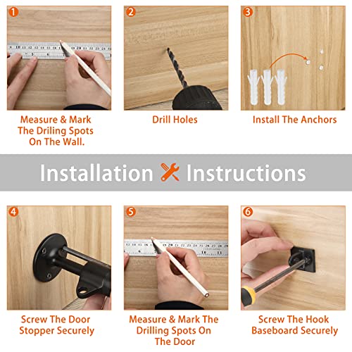 Sumnacon Sturdy Door Stopper with Hook - Stainless Steel Modern Door Stop with Rubber Buffer, Wall Mounted Metal Doorstop with Hardware for Home Office, Black