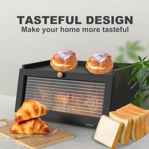 Bread Box for Kitchen Countertop Large Bread Box Farmhouse Bread Container Bread Storage with Window Bread Holder Black