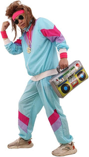 80s 90s Fancy Dress Costumes Men Women, 80s Shell Suit Costume Retro Tracksuit with Pilot Glasses Headband Wristbands Inflatable Boom Box, 1980s Fancy Dress for Carnival Parties Halloween