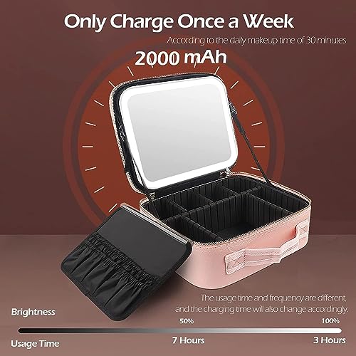 NBLE Travel Makeup Bag with LED Lighted Mirror, Adjustable Brightness LED Cosmetic Case with Divider Storage,Waterproof Portable Make Up Travel Box Accessories And Tools Case