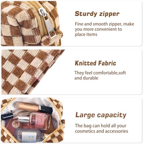 ZLFSRQ 3Pcs Checkered Makeup Bag for Women Large Cosmetic Bag Set Travel Toiletry Bag Makeup Pouch Bag for Purse Pink Zipper Storage Bag Organizer Cute Small Aesthetic Girls Car Essentials Bag