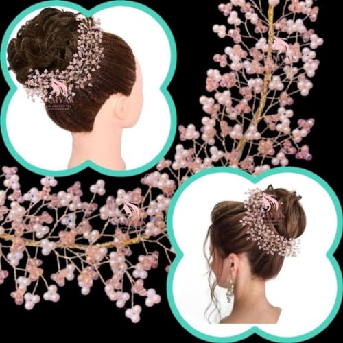 Samyak Crystal Pearl Hair Tiara Vine Hair Headband Headdress Hair Jewellery For Women | Hair Pin | Bun | Hair Accessory For Bridal Wedding Bridesmaid, Pink, Pack of 1