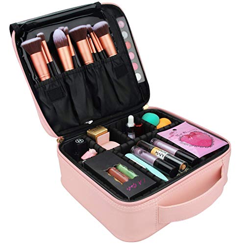 AMERTEER Travel Makeup Case - Portable Travel Makeup Cosmetic Case Organizer Artist Storage Bag With Adjustable Dividers For Cosmetics Makeup Brushes Toiletry Jewelry Digital Accessories (PINK)