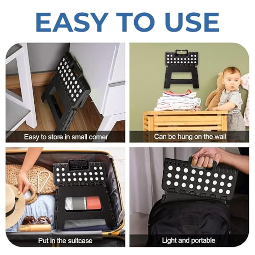 AMERTEER Folding Step Stool For Kids | Stepping Stool | 11 Inches Wide And 8 Inches Tall Foldable Step Stool Holds Up To 300 Lbs | Plastic Collapsible Step Stool For Bathroom, Garden & Kitchen (Black)