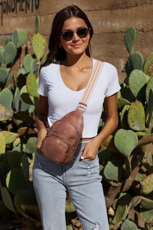BIGTHREE Small Sling Bag for Women, Leather Fanny Pack Crossbody Bags for Women and Men, Chest Bag With Guitar Strap, PU Leather Crossbody Bags, Crossbody Fanny Pack Sling Bag for Hiking Running