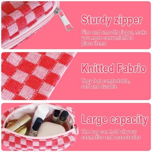 ZLFSRQ 3Pcs Checkered Makeup Bag for Women Large Cosmetic Bag Set Travel Toiletry Bag Makeup Pouch Bag for Purse Pink Zipper Storage Bag Organizer Cute Small Aesthetic Girls Car Essentials Bag