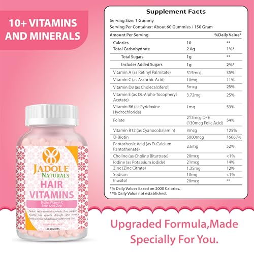 Jadole Naturals Hair Vitamins 60 Gummies with Biotin 5000 mcg, Vitamin C, Folic Acid & Zinc | Supports Hair Growth & Reduces Breakage, Healthy Skin & Nails, Multivitamins & Essential Nutrients, Vegan