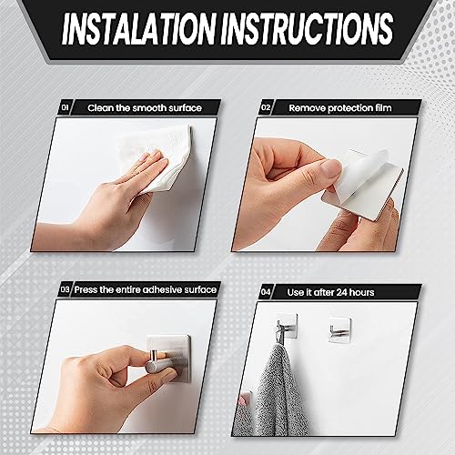 Self-Adhesive Wall Hooks (Pack of 04Pcs) - 304 Stainless Steel Waterproof and Anti-Rust Hooks for Hanging - Ideal Bathroom, Kitchen and Bedroom Hooks for Holding Keys, Coats, Hats, Robes & Towels