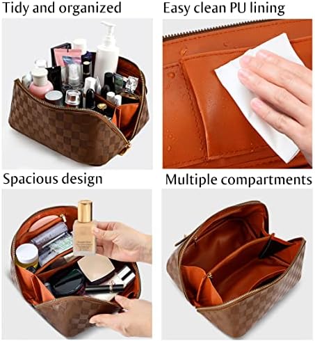 ALEXTINA Large Capacity Travel Cosmetic Bag - Portable Makeup Bags for Women Travel Toiletry Bag Waterproof Leather Checkered Makeup Organizer Bag, Roomy Cosmetic Bag for Women and Girls, Black,