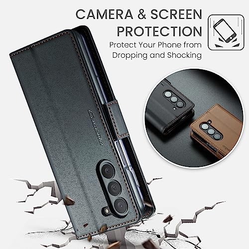 ELEPIK for Galaxy Z Fold 6 Case with Card Holder, Kickstand [3 Card Holder + 1 Cash Slot] [Durable PU Leather] Magnetic Wallet Phone Cover for Samsung Galaxy Z Fold 6, Fashion Black