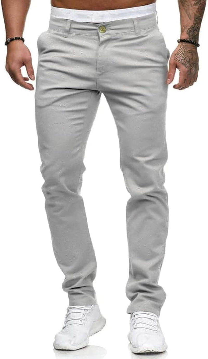 Mens Chinos Slim Fit Stretch Flat-Front Skinny Dress Pants - Light Grey