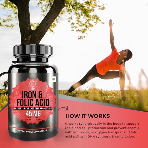 Noble Nature Iron with Folic Acid & Spinach Extract Supplement - 120 Tablets | Iron, Zinc, Vitamin C, Folic Acid & Vitamin B12 |