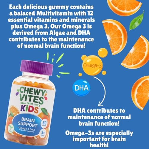 Chewy Vites Kids Brain Support 60 Gummy Vitamins | Omega 3 DHA Gummies for Kids | 12 Essential Vitamins and Minerals | 2 Months Supply | Real Fruit Juice | 1-a-Day | Vegan | 3 Years +