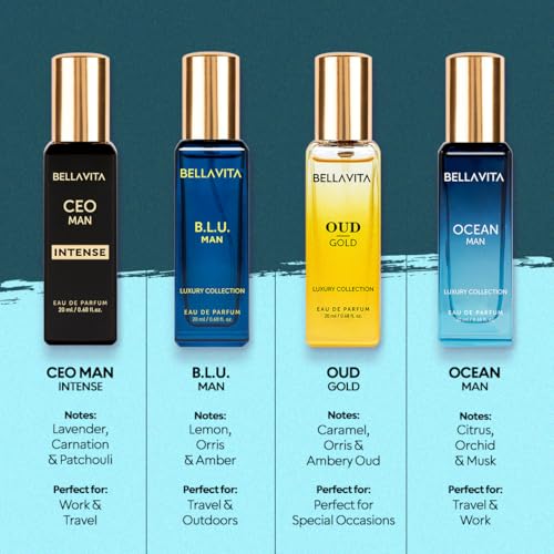 BellaVita Luxury Perfume Gift Set for Men | Includes OUD Gold, Ocean, B.L.U, & CEO Man Perfume | Long-Lasting Cologne Fragrance | Oud Perfume for Men | Premium Collection Perfumes ??4 x 20ml