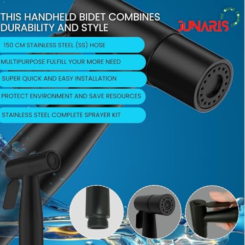 Junaris Shattaf Set Handheld Bidet Spryer for toilet | 304 Grade Stainless Steel Bathroom Jet Spray Set Features: Heavy-duty and durable, 150cm BLACK