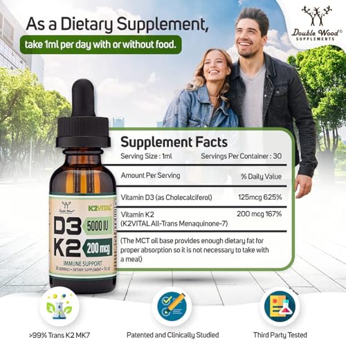 Vitamin D3 K2 5,000 IU Liquid Drops (5,000 IU of D3 and 200mcg of 99.9% All-Trans Patented K2 MK-7 (K2Vital)) Max Absorption Liquid Vitamin D Drops for Kids and Adults (30 Servings) by Double Wood