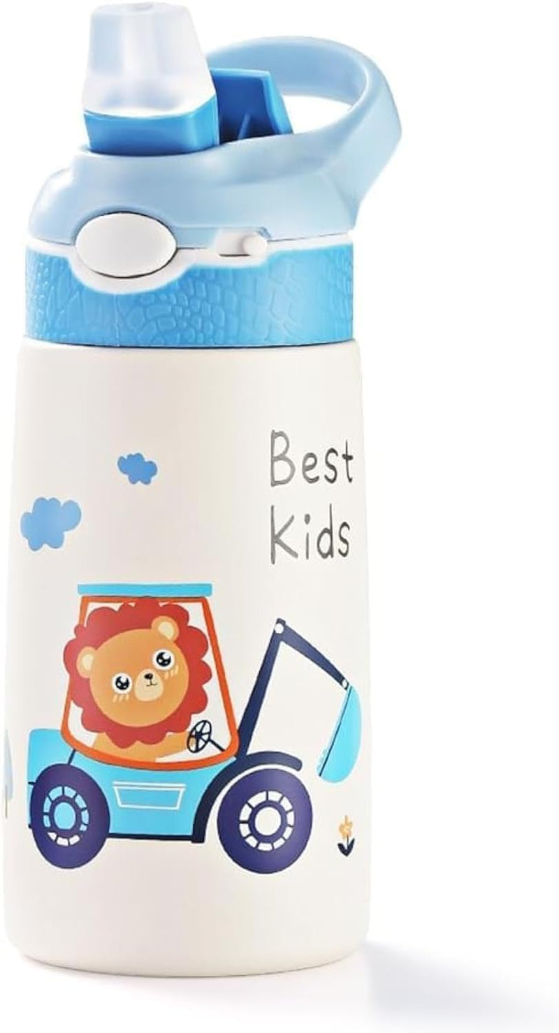 Stainless Steel Water Bottle for Kid with Straw, 13.5 oz Leakproof Insulated Water Bottle, Double Wall Keep Hot Cold Drinks Thermos Bottle with Handle for School Boys and Girls,BPA-Free(Dinosaur) - Blue Lion