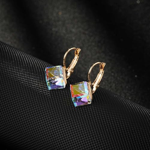 Cube Austrian Crystal Drop Leverback Earrings for Women Fashion 14K Rose Gold Plated Hypoallergenic Jewelry