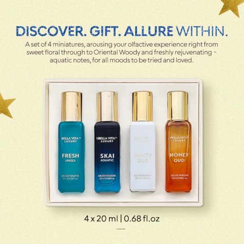 BellaVita Luxury Unisex Perfume Gift Set for Women & Men | Includes Honey OUD, SKAI, FRESH, White OUD, Perfume Set | Long Lasting Perfume Scents | Premium Collection Perfumes (4x20ml)