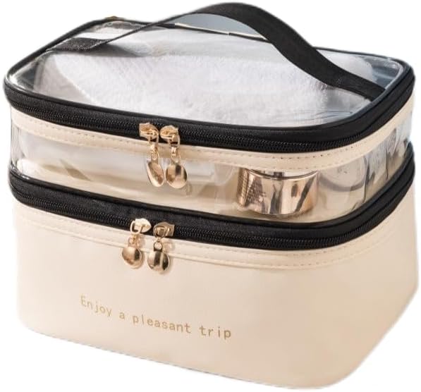 ORiTi Double Layer Makeup Bag Solid Color PU Transparent Wash Bag Portable INS Fashionable waterproof Travel Portable large capacity Storage Bag - Beige