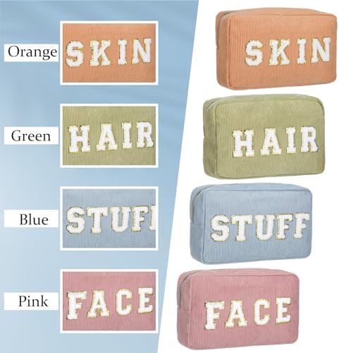 Pinkunn 4 Pcs Preppy Makeup Bags Christmas Chenille Letter Bag Face Skin Hair Stuff Cosmetic Bag Corduroy Makeup Pouch with Zipper Birthday Gifts for Women(Purple, Pink, White, Blue,Corduroy)