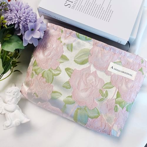 STARDW Flower Cosmetic Bags Makeup Bags for Women and Girls,Travel Makeup Bag Large Capacity Canvas Makeup Bag,Makeup Organizer Bag Zipper Pouch, Embossed pink, Large Capacity Aesthetic Makeup Bags