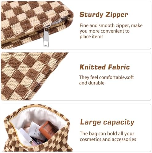 ZLFSRQ 3Pcs Checkered Makeup Bag for Women Large Cosmetic Bag Set Travel Toiletry Bag Makeup Pouch Bag for Purse Pink Zipper Storage Bag Organizer Cute Small Aesthetic Girls Car Essentials Bag
