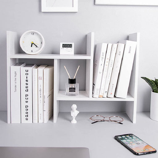 TKAS Desktop Organizer Bookshelf Office Storage Rack Adjustable Wood Display Shelf Home Decor Free Style Rotation Countertop Bookcase Office Supplies Desk Organizer Accessories (White)
