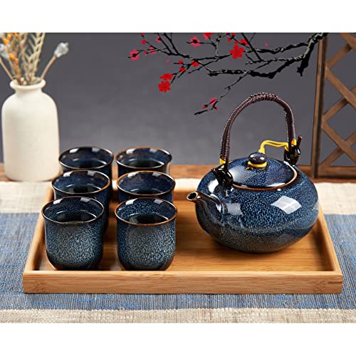 DUJUST Japanese Tea Set for 6, Kiln Altered Glaze Porcelain Tea Set with 1 Teapot, 6 Tea Cups & 1 Tea Tray, Unique Chinese Tea Sets for Adults/Tea Lovers/Women/Men, Blue