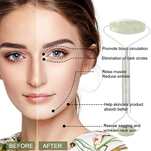 ELECDON Jade Roller for Face, Jade Roller and Gua Sha Set, 100% Real Natural Beauty Jade Facial Roller Massage Tool for Face Eyes Neck Body, for Reduces Eyes Puffiness Removes Wrinkles Skin Tightening