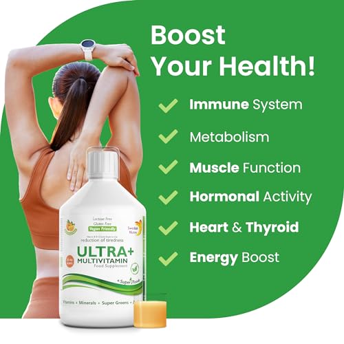 Swedish Nutra - Ultra+ Multivitamin Liquid Food Supplement - Pack of 500 ml, 33 Day Supply | Packed with Vitamins, Minerals, Super Greens & Aminos to Boost Energy & Immunity I Natural Orange Flavour