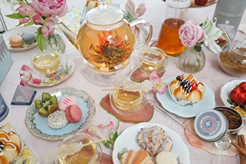 Teabloom Complete Tea Set - Stovetop Safe Glass Teapot with 12 Flowering Teas, Tea Warmer, 4 Double Wall Teacups & Removable Glass Infuser for Loose Leaf Tea - Celebration Flowering Tea Gift Set