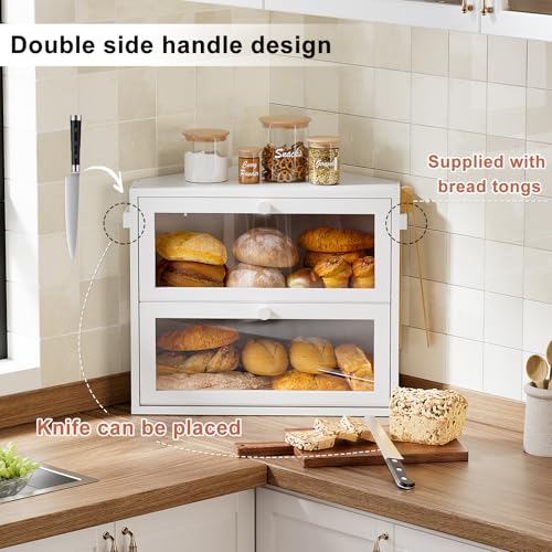 WOWLIVE Corner Bread Box for Kitchen Countertop, Large Double Layer Bread Storage Container for Homemade Bread, Black Bread Holder for Kitchen Counter, Under Cabinet Organizer (White, Medium)