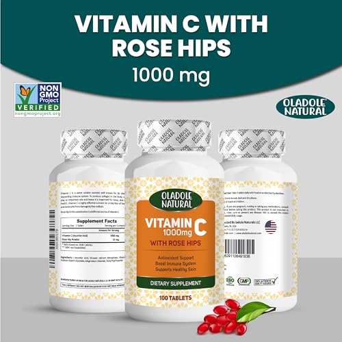 Oladole Natural Vitamin C With Rose Hips- 1000mg (100 Tablets) | Immune Support, Powerful Antioxidant, Boosts Collagen Production, Supports Healthy Skin, Energy & Heart Health | Non- GMO, Gluten Free