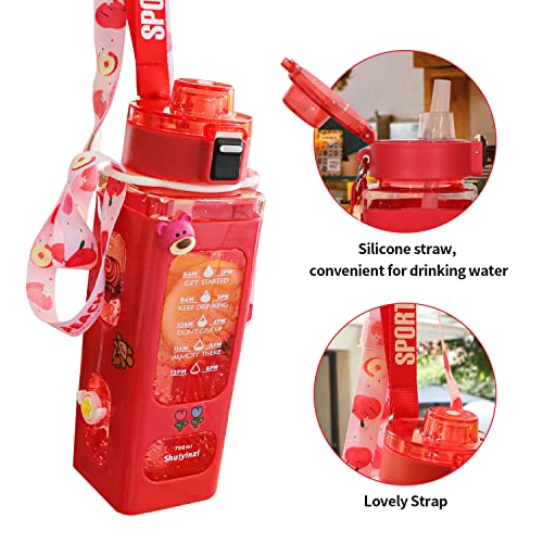 fufeisi Kawaii Water Bottle for Girls,Cute Kids Water Bottles with Straw,700ml Portable LeakProof Water Bottles With Adjustable Shoulder Strap for School(Red)…