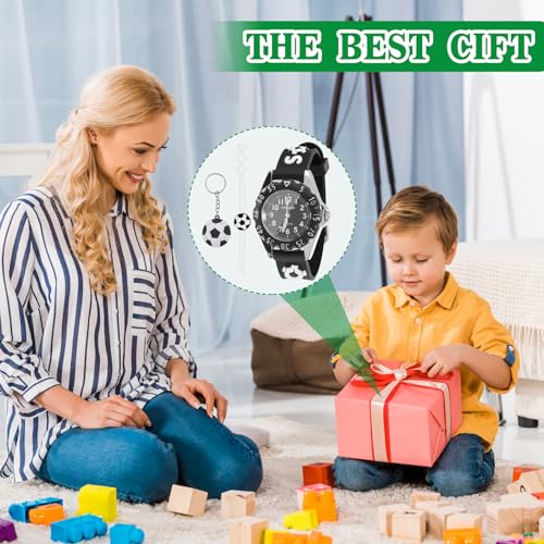 3 Pack Boys Watch With Football Keychain and Wristband Set, Black Toddler Watch Kids Watch Boys 3D Football Silicone Strap, Football Watch Watches for Boys Ages 5-7 Boys Watches For 7 Years Old,