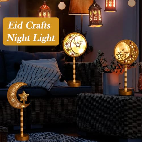 Goodern Ramadan Decorations Lights,Eid Mubarak Table Moon Lamp,Ramadan Kareem Crafts Night Light for Kids,Islamic Muslim Ornament Gifts,Gold Decorative Ramadan Lights with Moon Shape for Party Decor