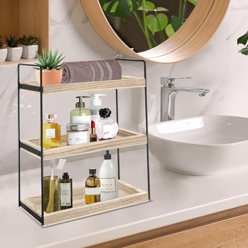 3 Tier Bathroom Counter Organizer, Wooden Bathroom Organizer Countertop Storage Shelf, Bathroom Trays for Counter, Perfume Skincare Organizer Cosmetic Holder, Kitchen Spice Rack Bathroom Organizer