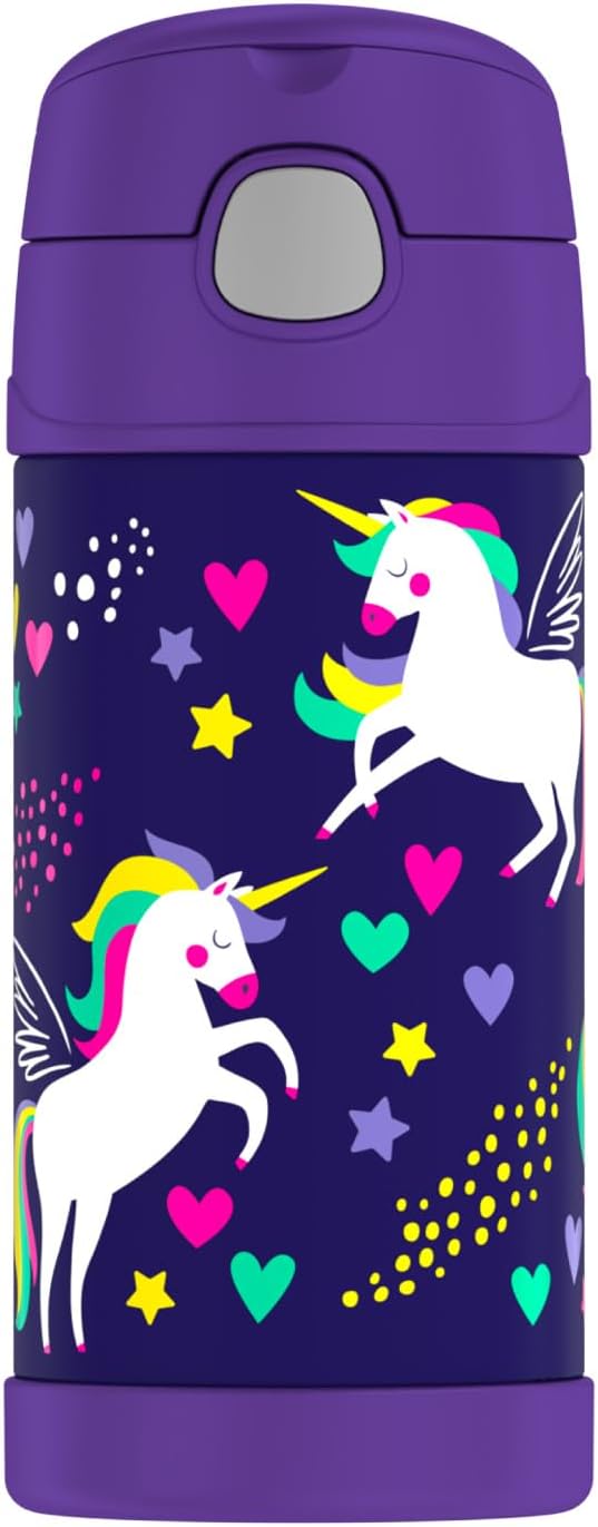 FUNTAINER STAINLESS STEEL KIDS OWLS BOTTLE 355ML, F4016OW, KIDS WATER BOTTLE WITH STRAW, INSULATED FLASK, HYDRATION BOTTLE WITH LID - UNICORN