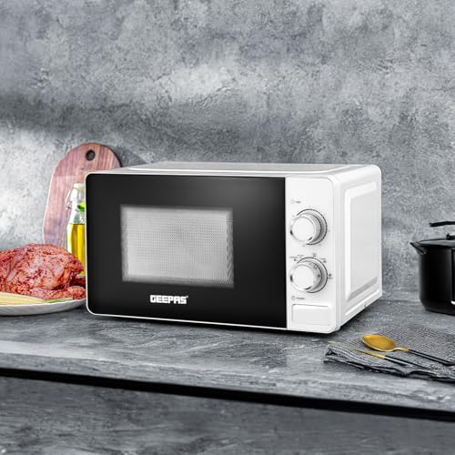 Geepas 20L Microwave Oven - 1100W Solo Microwave Oven with 5 Power Levels - Reheating, Defrost & 30 Minute Timer Function - 2 Rotary Dials - Oven for Standard Size of Dinner Plate -