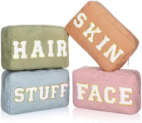 Pinkunn 4 Pcs Preppy Makeup Bags Christmas Chenille Letter Bag Face Skin Hair Stuff Cosmetic Bag Corduroy Makeup Pouch with Zipper Birthday Gifts for Women(Purple, Pink, White, Blue,Corduroy)