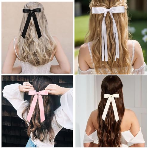 EOMECUIGAO Hair Bows for Women Girl, 3Pcs Bow Hair Clips, Women Satin Hair Ribbon With Long Tails