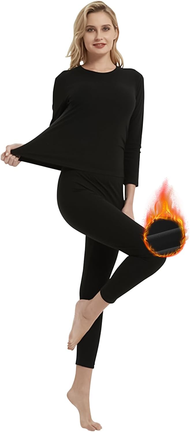 Women Thermal Underwear Set,Ladies' Tops and Pants,Thickened with Velvet,Round Neck Thermal Underwear,Soft and Skin Friendly,Suitable For Daily Wear and Outdoor Sports Matching