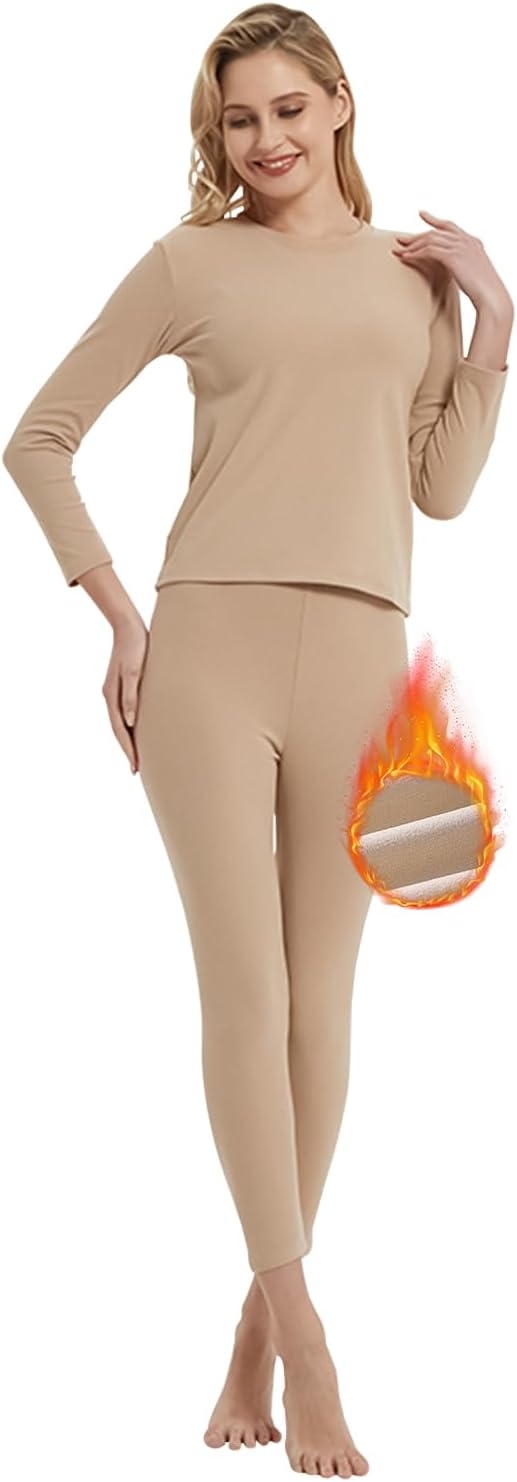 Women Thermal Underwear Set,Ladies' Tops and Pants,Thickened with Velvet,Round Neck Thermal Underwear,Soft and Skin Friendly,Suitable For Daily Wear and Outdoor Sports Matching