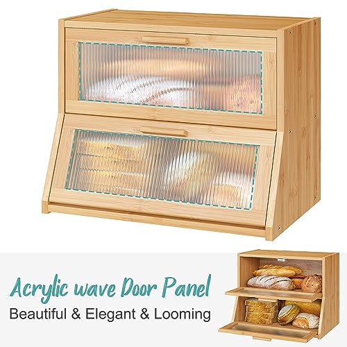 Vriccc Black Large Bread Box for Kitchen Counter, Bamboo Wooden Double Layer Large Capacity Bread Storage Bin with Acrylic Wavy Door Panel (Natural)