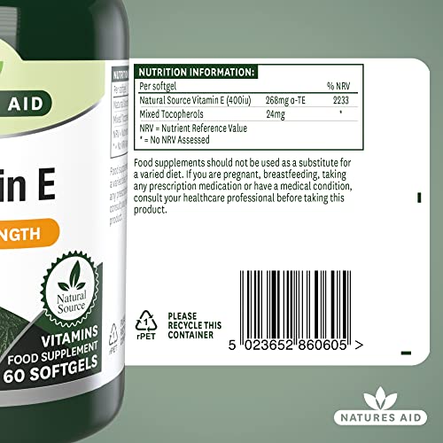 Natures Aid Vitamin E High Strength 400iu | 60 Softgels | Helps Protect Cells from Oxidative Stress | 24mg Mixed Tocopherols