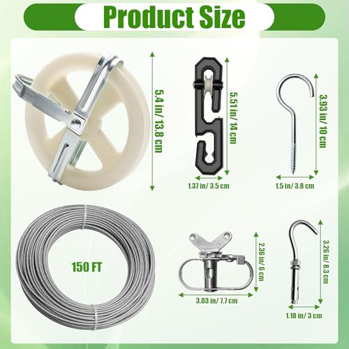 Anglekai Outdoor Clothesline Kit, Clothesline Pulley Kit Include 150FT Clothes Line/ 2 Pulley/ 2 Separator Spreader/Tightener/ 4 Hooks for Outdoor Clothes